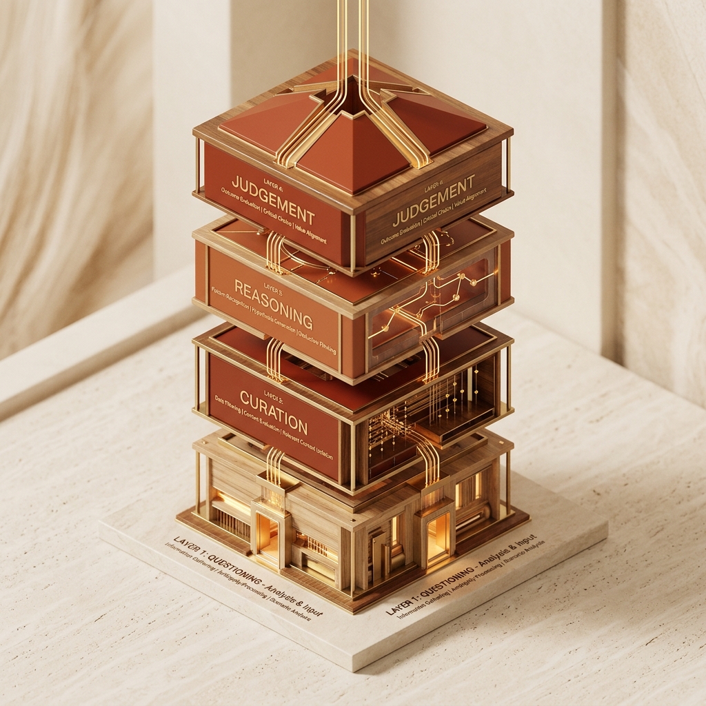 Sơ đồ cấu trúc 3D của 4 lớp tư duy đánh giá output AI